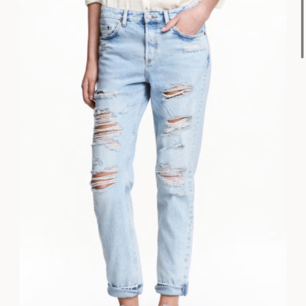 H&M Boyfriend Low Rise Ripped Jeans, Light Wash 25